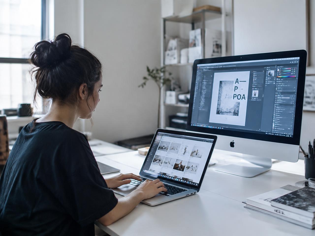 Diseñadora trabajando con un portátil y un computador de escritorio Apple en un estudio