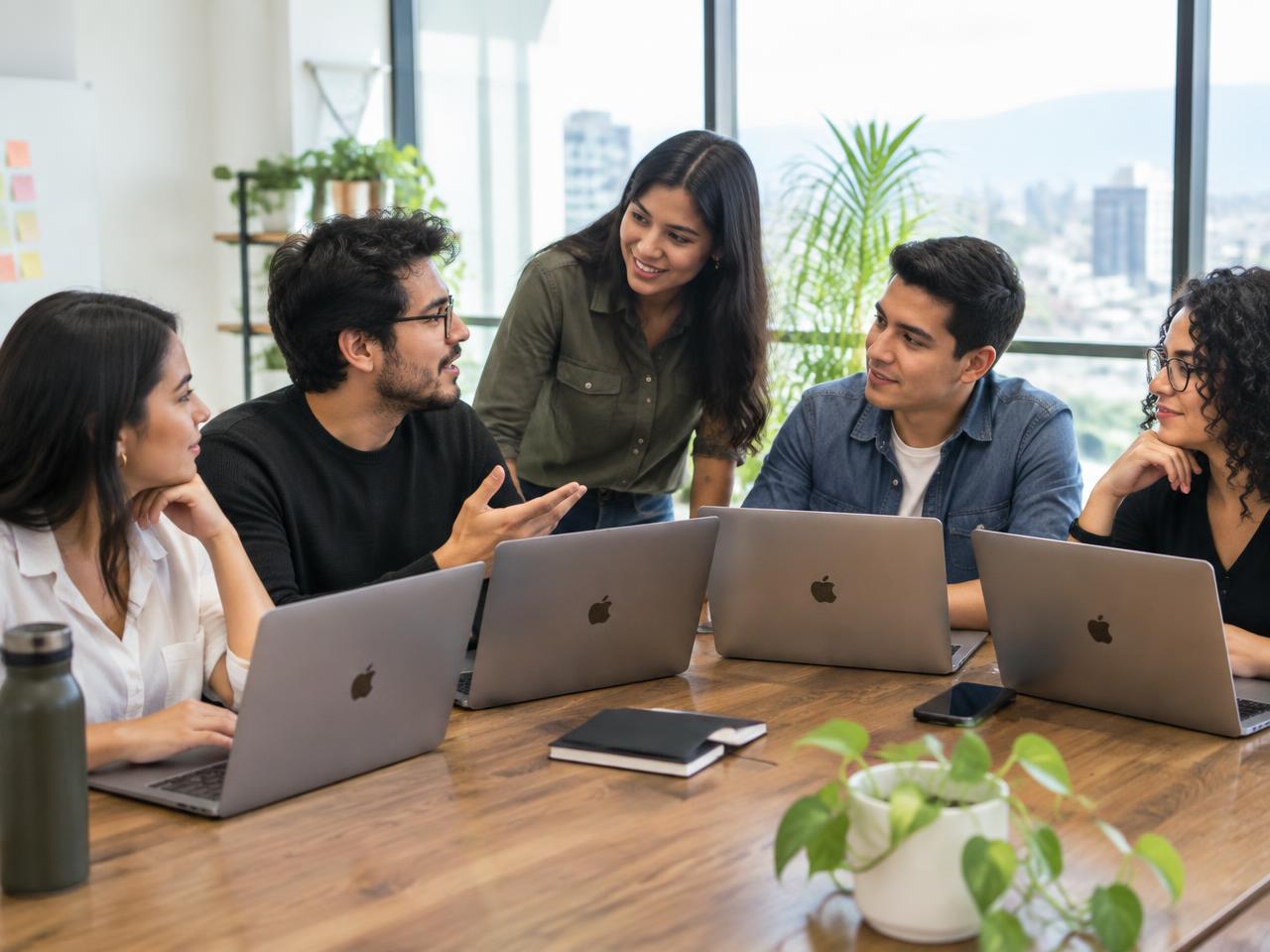 Equipo de trabajo colaborando con computadores portátiles