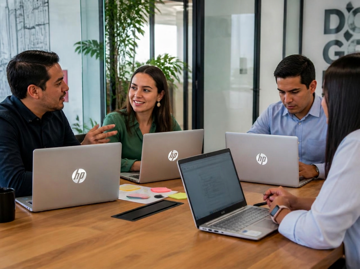Equipo en reunión con portátiles HP